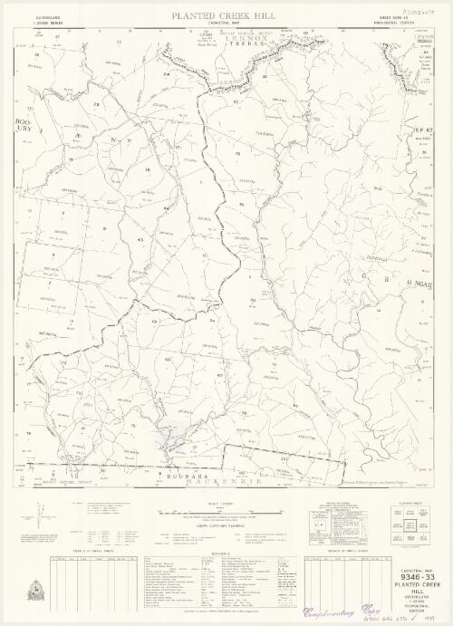 Queensland 1:25 000 series cadastral map. 9346-33, Planted Creek Hill [cartographic material] / Drawn and published by the Department of Mapping and Surveying, Brisbane. Hill