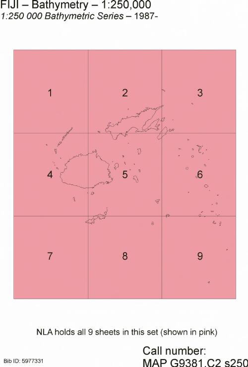 1:250 000 bathymetric series [cartographic material] : [Fiji] / compilation, A. Pratap ... [et al.] ; bathymetry, R. Smith ; cartographer, G. Verma, Mineral Resources Department, Fiji