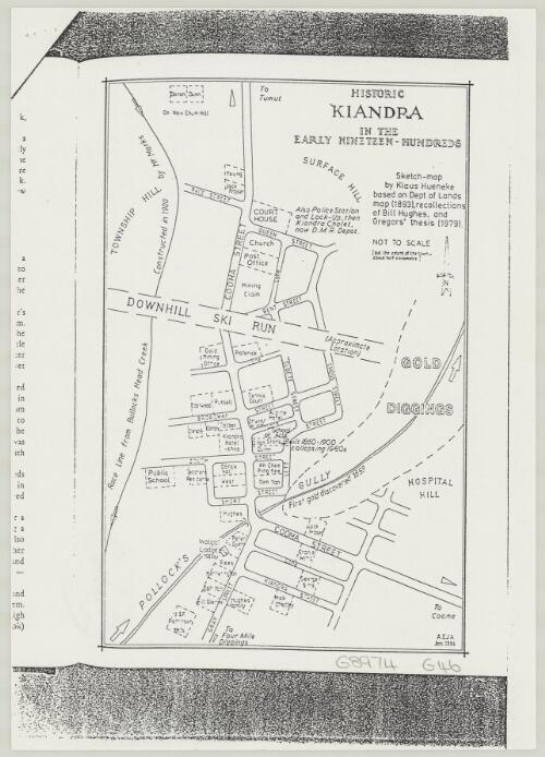 Historic Kiandra in the early nineteen-hundreds [cartographic material] / sketch-map by Klaus Hueneke based on Dept. of Lands map (1893), recollections of Bill Hughes and Gregors' thesis (1979)