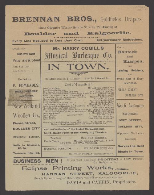 Mr. Harry Cogill's Musical Burlesque Co. In town [playbill for performance in Boulder City