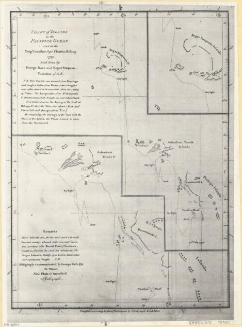 [Chart of Islands in the Pacific Ocean seen in the brig Nautilus Capt. Charles Bishop 1799, laid down by George Bass and Roger Simpson] [cartographic material]