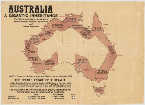 Australia [cartographic material] : a gigantic inheritance : the fifth largest country in the world, rich in mineral, pastoral, agricultural and timber resources