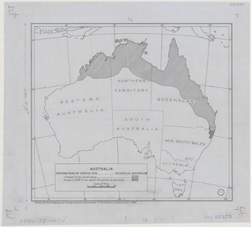 Australia, distribution of cattle tick (Boophilus microplus) [cartographic material] / drawn by the Property and Survey Branch, Dept. of the Interior