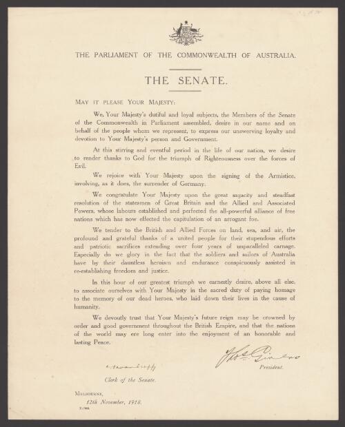 [Addresses to His Majesty King George V on the conclusion of World War I]