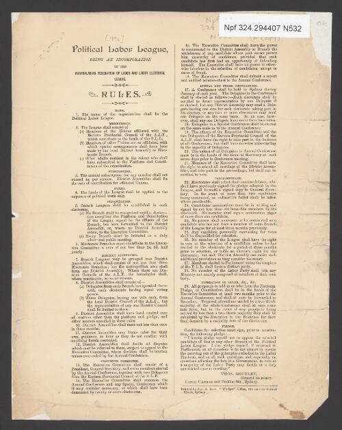 Rules / Political Labor League, being an incorporation of the Australasian Federation of Labor and Labor Electoral League