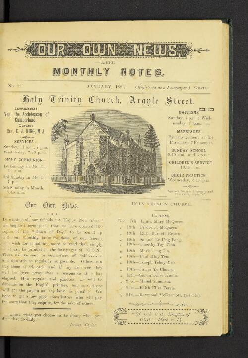 Our own news and monthly notes / Holy Trinity Church, Argyle Street