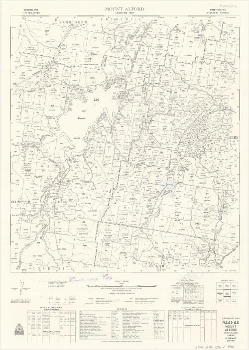 Queensland 1:25 000 series cadastral map. 9441-44, Mount Alford [cartographic material] / Drawn and published by the Department of Mapping and Surveying, Brisbane