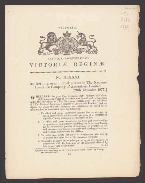 An act to give additional powers to The National Insurance Company of Australasia Limited, 20th December, 1877