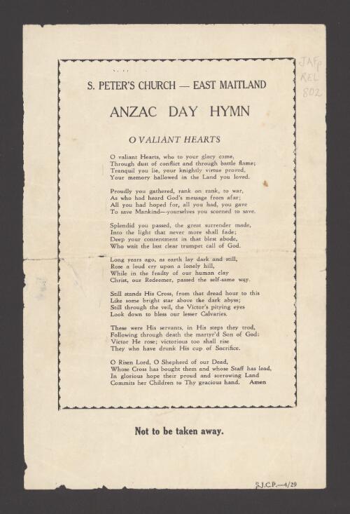 Anzac Day hymn : O Valiant hearts / S. Peter's Church, East Maitland