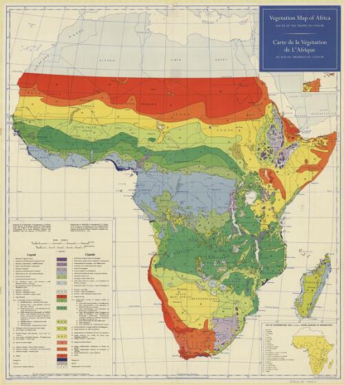 Vegetation map of Africa, south of the Tropic of Cancer / prepared by A. Aubréville, P. Duvigneaud, A.C. Hoyle, R.W.J. Keay, F.A. Mendonc̦a and R.E.G. Pichi-Sermolli under the auspices of the Association pour l'étude taxonomique de la flore d'Afrique Tropicale and published with the assistance of U.N.E.S.C.O., 1958 ; prepared by the Cartographic Department of the Clarendon Press, Oxford  = Carte de la végétation de l'Afrique, au sud du Tropique du Cancer / préparée par A. Aubréville P. Duvigneaud, A.C. Hoyle, R.W.J. Keay, F.A. Mendonc̦a and R.E.G. Pichi-Sermolli sous les auspices de l'Association pour l'étude taxonomique de la flore d'Afrique tropicale et publiée avec l'aide de l'U.N.E.S.C.O., 1958