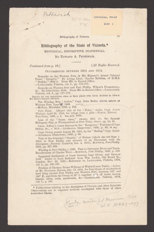 Bibliography of the State of Victoria : historical, descriptive, statistical : continued from p. 48 : occurrences between 1804 and 1824 / by Edward A. Petherick