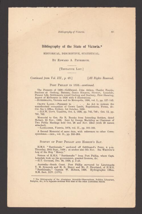 Bibliography of the State of Victoria : Historical, descriptive, statistical : tentative list, continued from vol. 111, p. 48 : Port Phillip in 1836 / by Edward A. Petherick