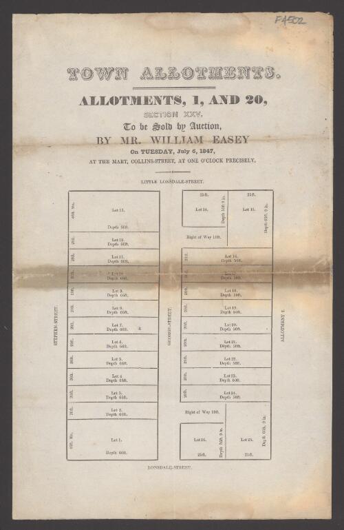 Town allotments : allotments, 1, and 20, section XXV, to be sold by auction by Mr William Easey on Tuesday, July 6, 1847, at The Mart, Collins Street, at one o'clock precisely