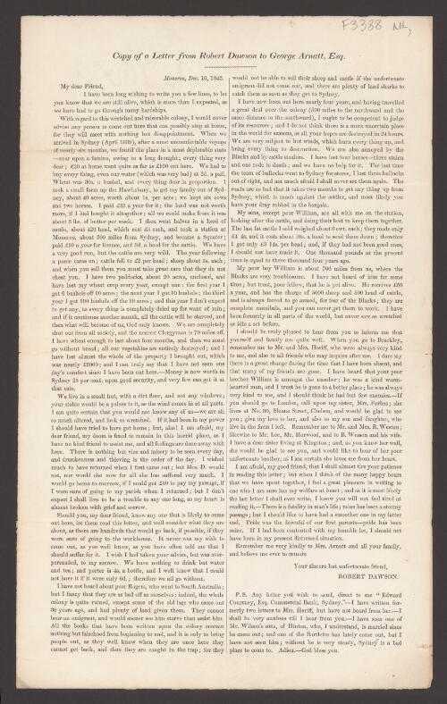 Copy of a letter / from Robert Dawson to George Arnatt