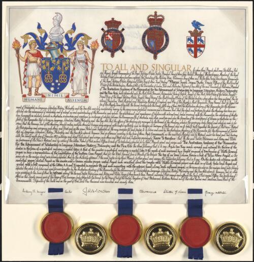 Grant of arms and Royal Charter of the Australian Academy of the Humanities, 1969-1973 [manuscript]