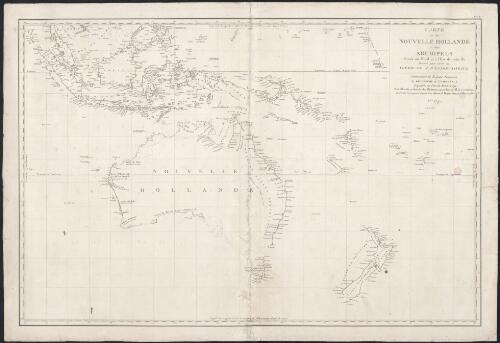Carte de la Nouvelle Hollande et des archipels [cartographic material] : situés au nord et à l'est de cette île / dressée pour servir au voyage de M. D'Entrecasteaux Commandant les Frégates Franc̦oises la Recherche et L'Esperance expediées du port de Brest en 1791, pour à la recherche des Bâtimens aux ordres de M. de la Perouse, dont le sort et ignoré depuis leur départ de Botany-Bay, le 10 Mars 1788
