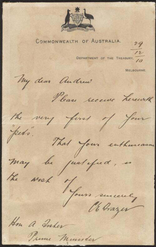 Letter from Acting Treasurer Charles Edward Frazer to Prime Minister Andrew Fisher accompanying Bank of Victoria Limited superscribed banknote number A 000001, 29th December 1910
