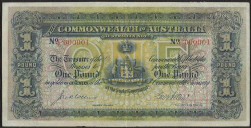 Commonwealth of Australia banknote number P 000001 (Prefix and serial number in red), 1913