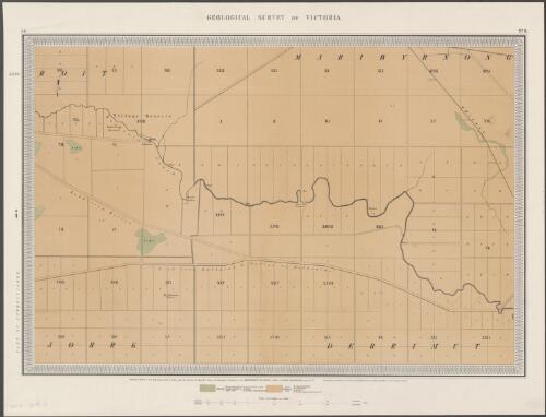 Geological Survey of Victoria. No. 8 : N.E., [Kororoit, Maribyrnong, Buttlejork, Derrimut] [cartographic material] / surveyed in 1856 by C.D.H. Aplin ; engraved by J.L. Ross under the direction of Alfred R.C. Selwyn, Govt. Geologist ; ornament by J.T. Jones ; Joseph Pittman, draftsman & colorist ; the Honble. Andrew Clarke, Capt., R.E. & M.P. Surveyor General