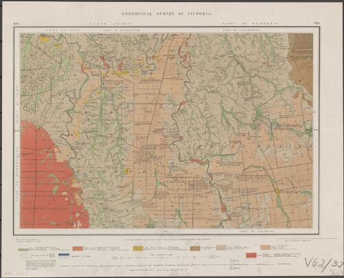 Geological Survey of Victoria. No. 13 : N.E., Loddon District, County of Dalhousie, Part of Lyell, Part of Kimbolton, Part of Langworner [cartographic material] / surveyed ... under the direction of Alfred R.C. Selwyn, Govt. Geologist ;  geologically surveyed by Norman Taylor, Field Geologist & Robt. Etheridge, Jnr., Assistant Field [Geologist, 1865-6] ; engraved by De Gruchy & Co