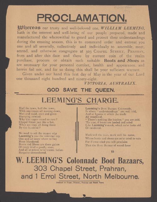 Proclamation : [advertisement for Leeming's boots and shoes]