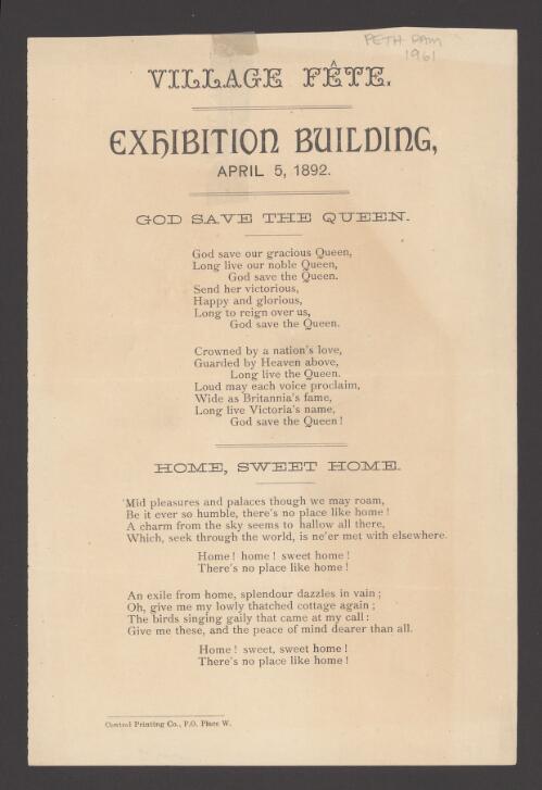 Village fete, Exhibition building, April 5, 1892 : [song sheet]