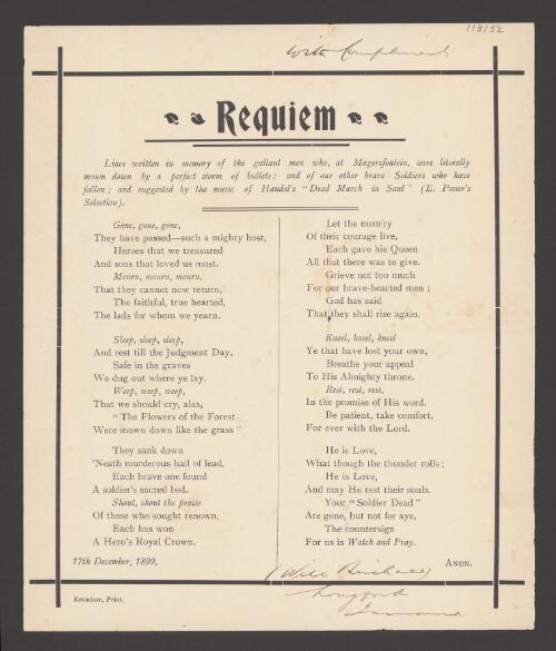 Requiem : lines written in memory of the gallant men who, at Magersfontein, were literally mown down by a perfect storm of bullets