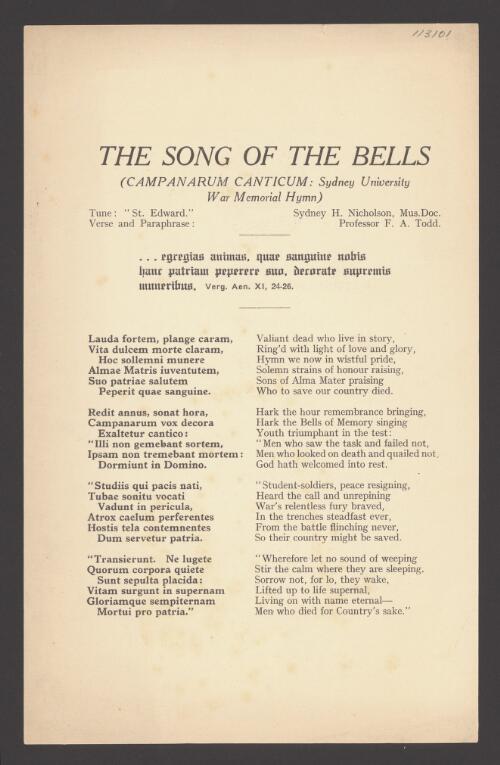 The song of the bells (campanarum canticum, Sydney University War Memorial hymn) / ... verse and paraphrase F.A. Todd