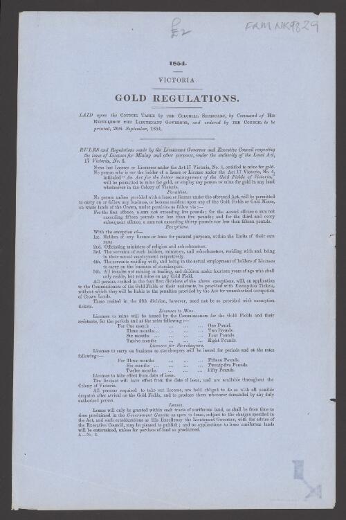 Gold regulations / laid upon the Council table by the Colonial Secretary, by command of His Excellency the Lieutenant Governor, and ordered by the Council to be printed, 26th September, 1854