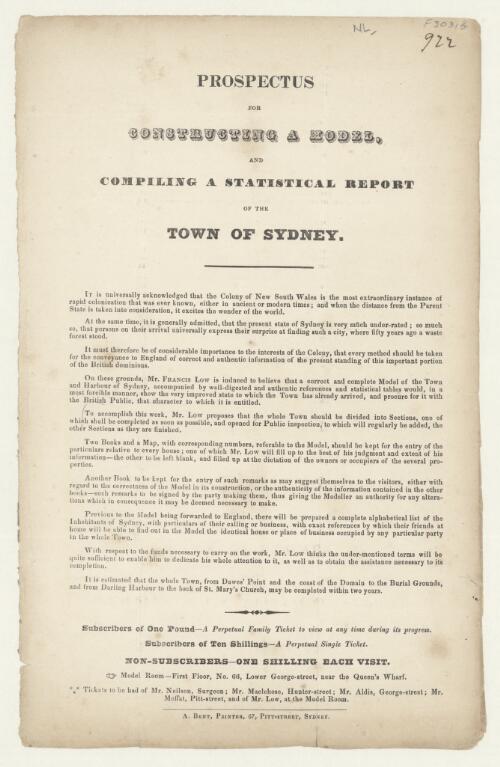 Prospectus for constructing a model, and compiling a statistical report of the town of Sydney