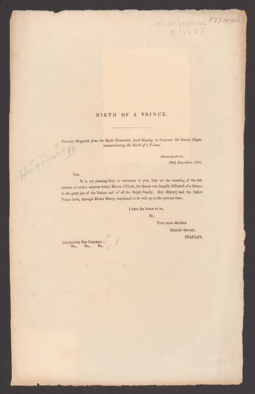 Birth of a prince : circular despatch / from ... Lord Stanley to Governor Sir George Gipps ... 30th November, 1841