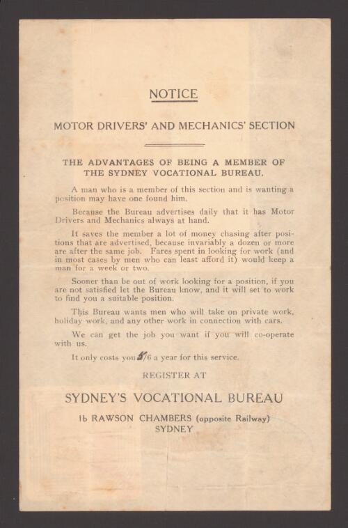The advantages of being a member of the Sydney Vocational Bureau / Motor Drivers' and Mechanics' Section