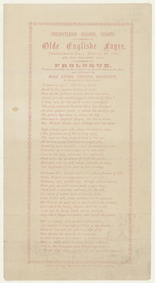 Olde Englishe Fayre, Temperance Hall, March 28, 1882 and five following days : prologue  / written expressly for the occasion by Durant Harcourt and delivered by Ethel Vernon Harcourt