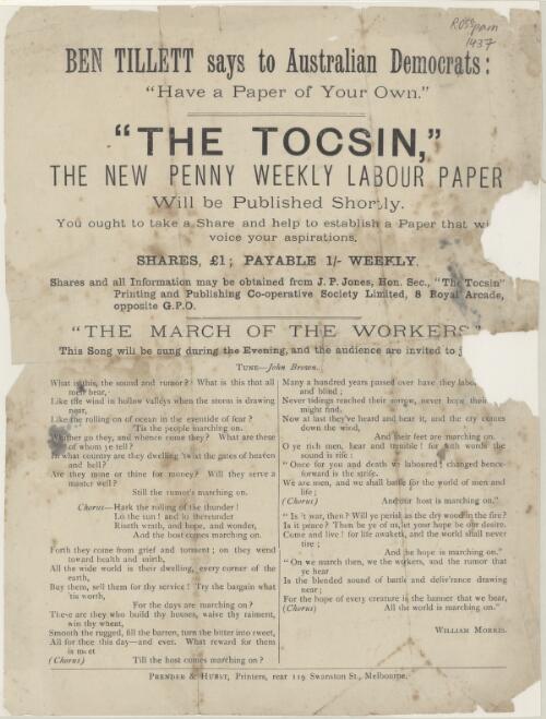 Ben Tillett says to Australian Democrats: "Have a paper of your own" : "the Tocsin"
