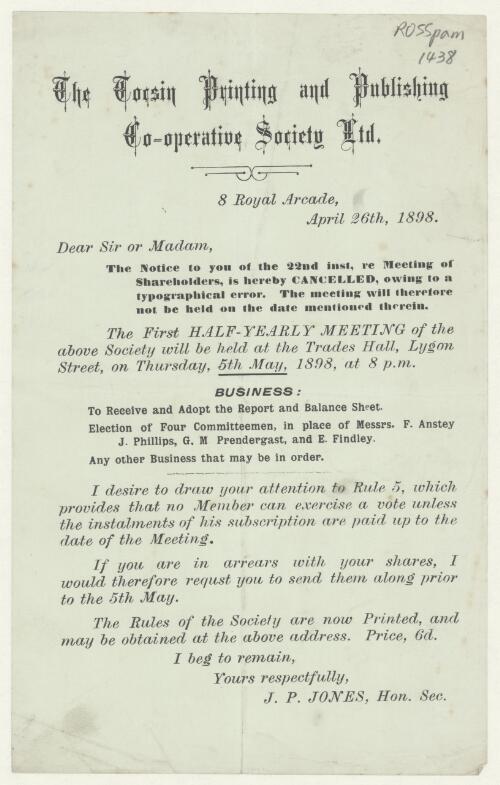 [Notice of half-yearly meeting of the society to be held on 5 May, 1898]