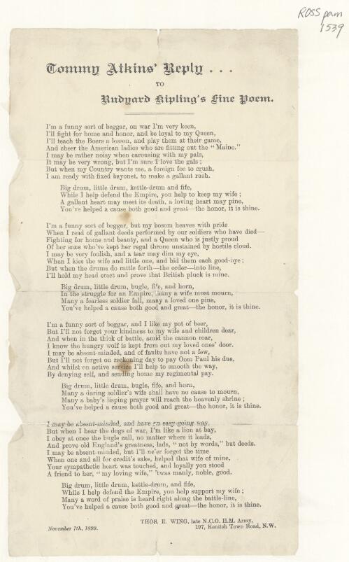 Tommy Atkins' reply to Rudyard Kipling's fine poem