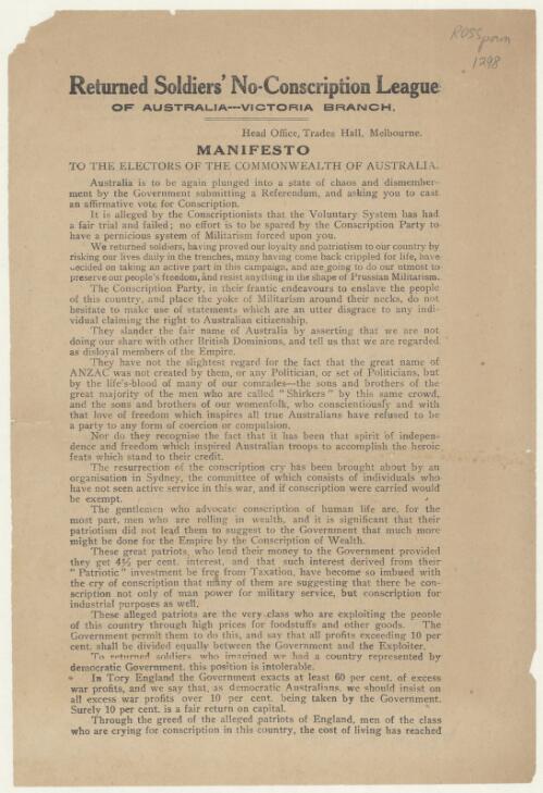 Manifesto : to the electors of the Commonwealth of Australia / Returned Soldiers' No-Conscription League of Australia--Victroria Branch