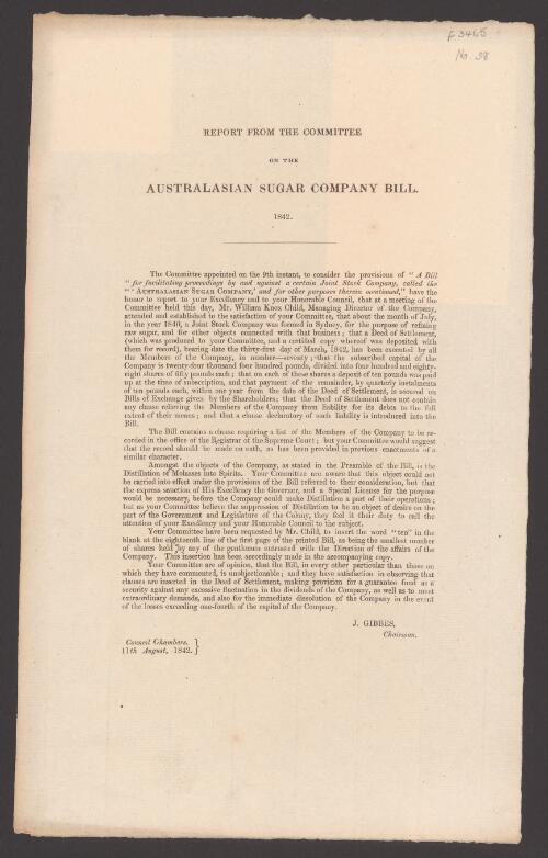 Report from the Committee on the Australasian Sugar Company Bill, 1842