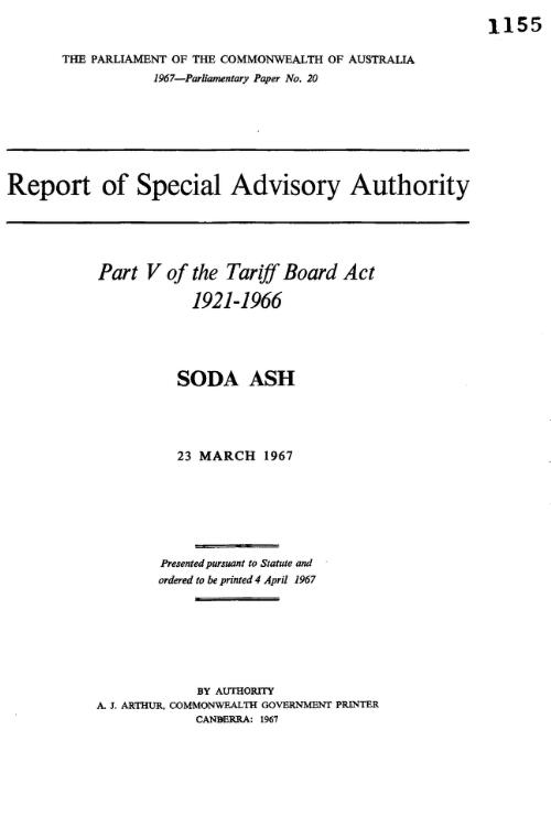 Report of Special Advisory Authority : part V of the Tariff Board Act 1921-1966  soda ash, 23 March, 1967