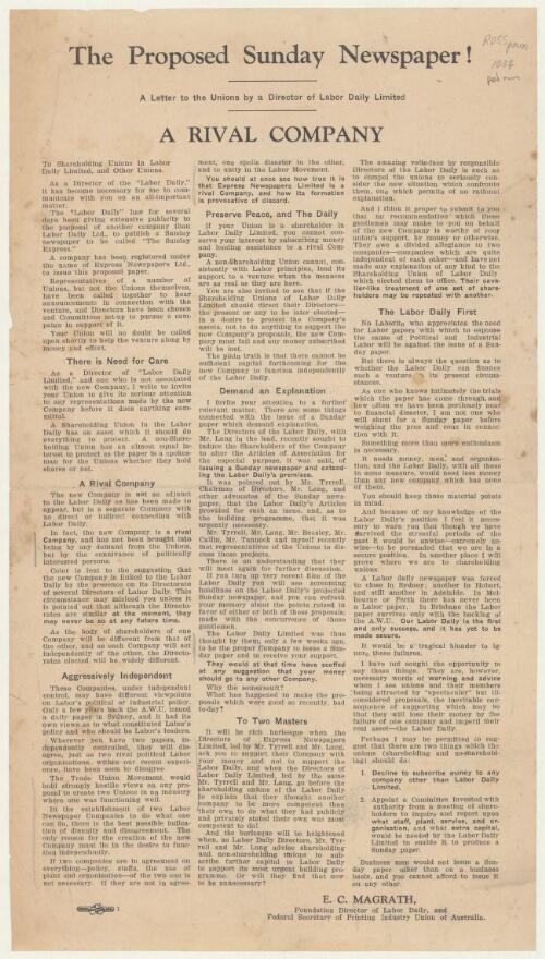 The proposed Sunday newspaper! : a letter to the unions by a director of Labor Daily Limited : a rival company / E.C. Magrath
