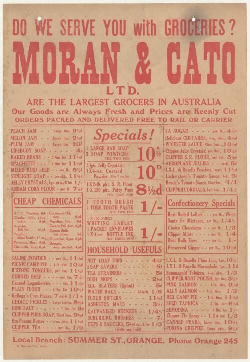 [Australian grocery shop advertisements of the Depression era]