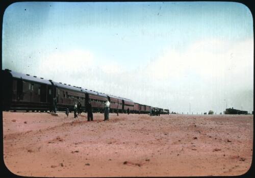 Train at Williams' Creek, south of Oodnadatta [1] [transparency] : scenes of Tennant Creek and the Northern Territory, Beltana, Oodnadatta and other general scenes / [John Flynn?]