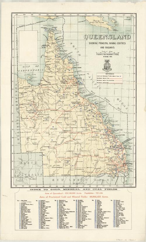 Queensland showing principal mining centres and railways / prepared at the Department of Mines
