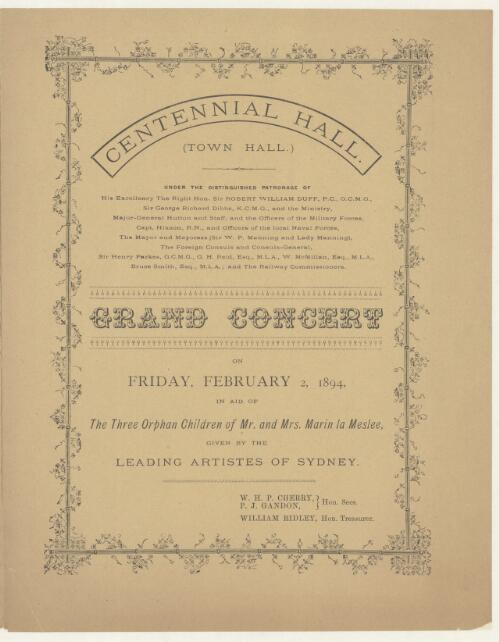 Grand concert on Friday, February 2, 1894 in aid of the three orphan children of Mr. and Mrs. Marin la Meslee given by the leading artistes of Sydney
