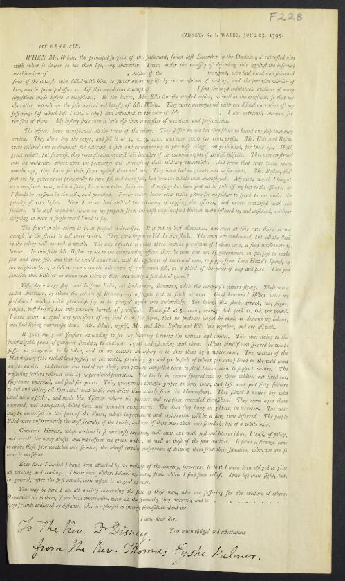 [Letter] 1795 June 13, Sydney, N.S. Wales [to the Rev. Dr. Disney] / [from the Rev. Thomas Fyshe Palmer]