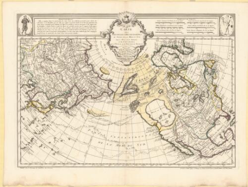 Carte des nouvelles découvertes au nord de la Mer du Sud : tant à l'est de la Siberie et du Kamtchatka, qu'à l'ouest de la Nouvelle France / dressée sur le mémoires de Mr. Del'Isle, Professeur Royal et de l'Académie des sciences par Philippe Buache de la même académie et présentée à l'Académie, dans son assemblée publique du 8. Avril 1750 par Mr. De l'Isle