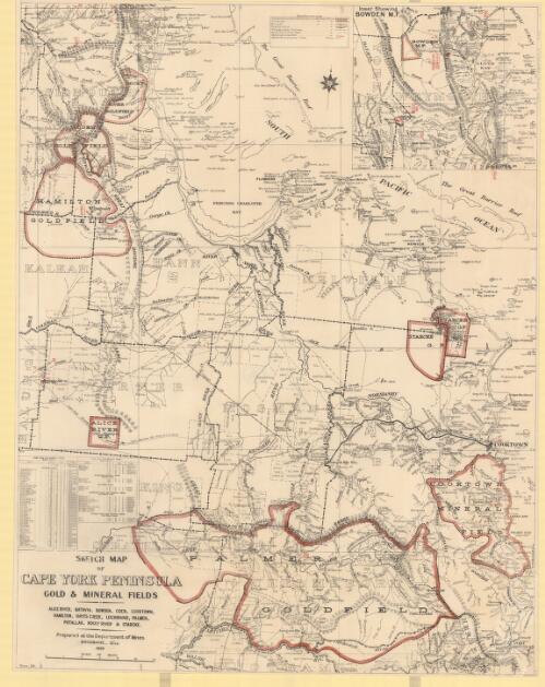 Sketch map of Cape York Peninsula gold & mineral fields [cartographic material] / prepared at the Department of Mines, Brisbane Q'ld. 1935