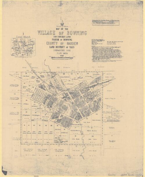 Map of the Village of Bowning and suburban lands : Parish of Bowning, County of Harden, Land District of Yass, Goodradigbee Shire, N.S.W. 1926 / compiled, drawn and printed at the Department of Lands, Sydney, N.S.W