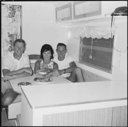 Three people inside a caravan, Isle of Pines, New Caledonia, 1967 Michael Terry