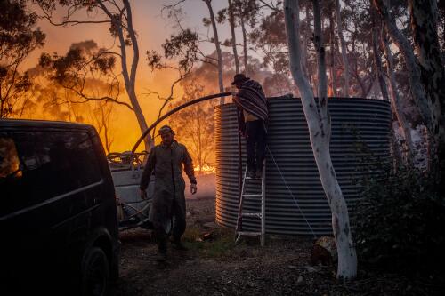 Rob Lans and his brother Matthew Lans fight a bushfire on their family property on Little Bombay Road, Braidwood, New South Wales, 29 November 2019 / Sean Davey